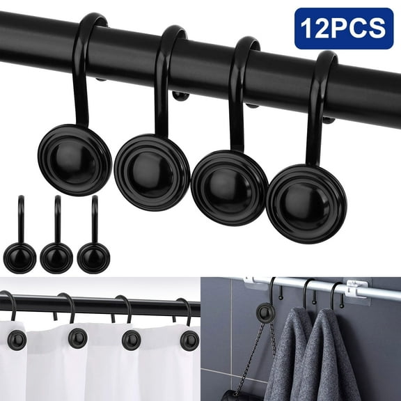 12pcs Shower Curtain Hooks, DISEN Curtain Hardware Hooks for Drapes Flat Wire Balance Sliding Anti-Drop Shower Rings Rustproof for Curtain Bathroom Shower Curtain Rods