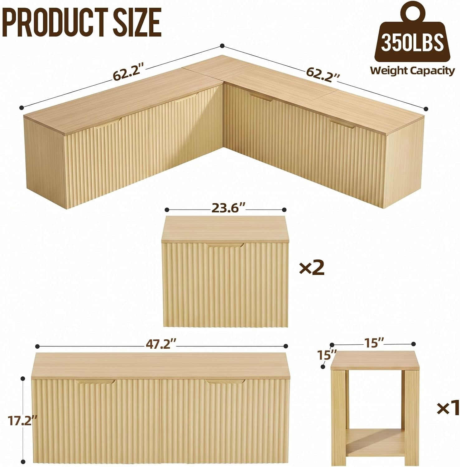 63" L Shaped Storage Bench, Modular Dining Bench Seating with Hidden Storage, Safety Soft-Close Hinges