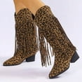 thumbnail image 2 of Leozcaa Bottes de Cowboy à Franges pour Femmes Mi-Mollet Imprimé Léopard Bout Pointu Talon Épais Bottines d'Automne, 2 of 9