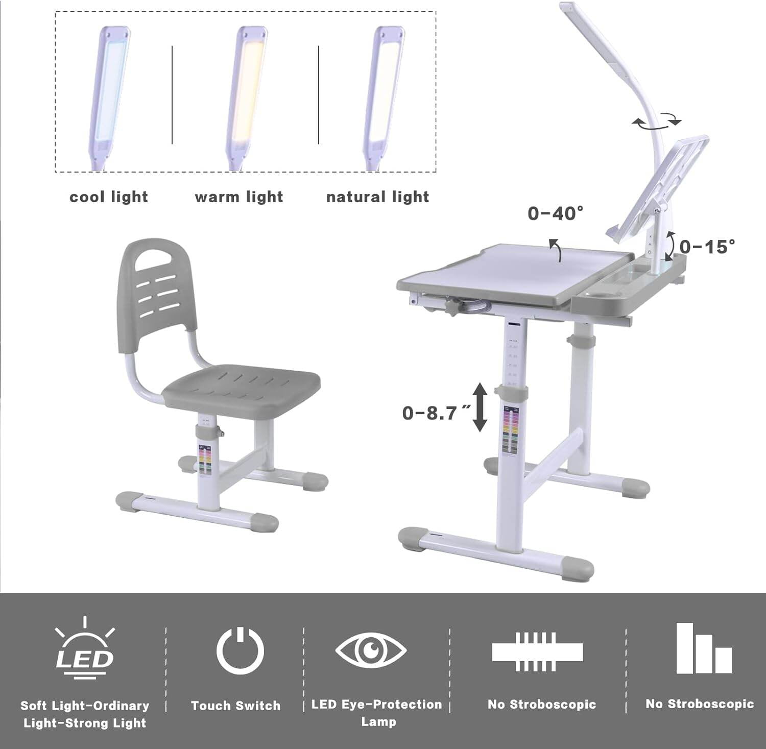 Kids Furniture Desk for Kids Desk and Chair Set Kids Art Desk Drafting Table Desk Set with Adjustable Height, 40-Degree Tiltable Children Desktop, LED Light, Bookstand, Gray,Baby Nursery Furniture