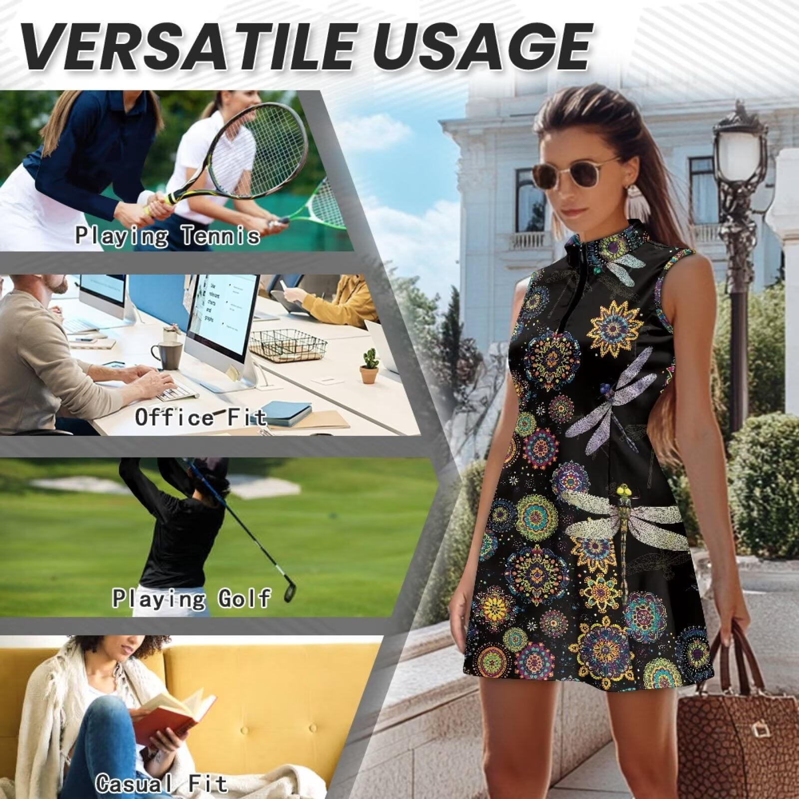 Yuyamidu Dragonfly Boho Floral Womens Golf Dresses with Built-in Shorts Athletic Dress Zip Up Tennis Dress for Women Size XS A-Line Workout Golf Dresses