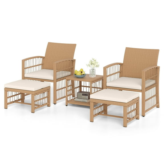 Gymax Set of 5 Patio Conversation Set PE Rattan Balcony Furniture Set w/ Cushions Natural