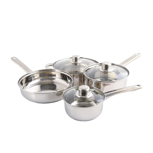 bateria de cocina 7 pzs gibson home landon plata de acero inox juego de 3 ollas y 1 sartén en acero inoxidable pulido con 3 tapas de vidrio templado ventiladas, mangos huecos que se mantienen fríos y base encapsulada de aluminio para óptima distribución de calor, vista frontal sobre fondo blanco; también apta para preparar porciones pequeñas y transportar alimentos calientes en viajes cortos.