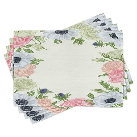 

Anemone Flower Placemats Set of 4 Spring Nature Inspired Framework with Pastel Colored Flora Washable Fabric Place Mats for Dining Room Kitchen Table Decor Pistachio Green Pink Silver by Ambesonne