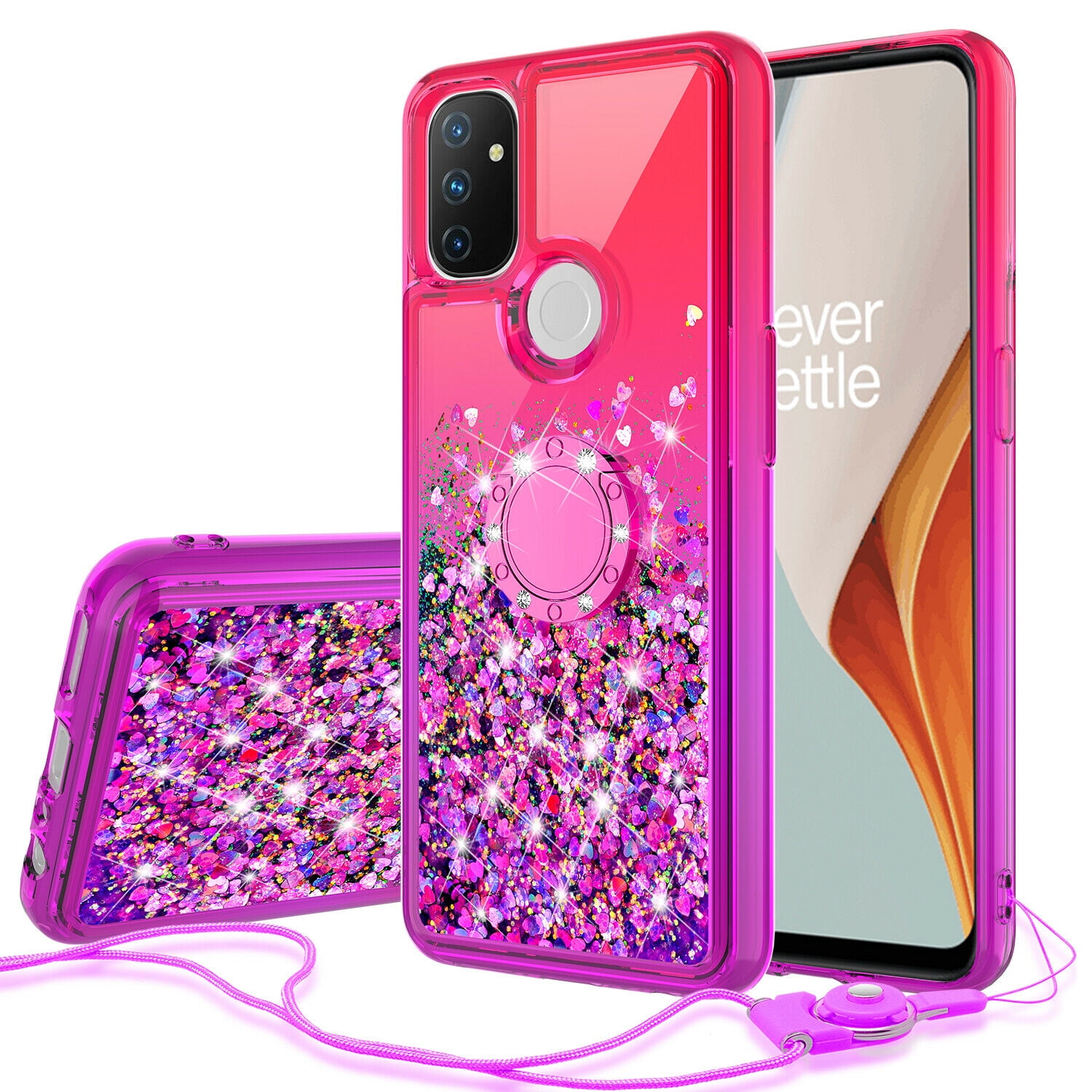 Purple Glitter Phone Case with Tempered Glass Screen Protectors UNPEY for OnePlus Nord N200 5G Case for Women Girls 6.49 Inch PC Heavy Duty Protective Cover 2021 TPU 