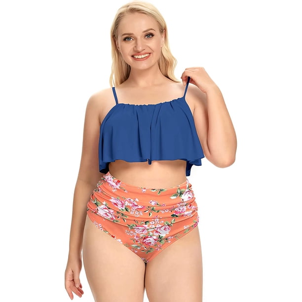Bikini de Talla Grande con Volantes para Mujer Trajes de baño de Dos Piezas de Cintura Alta Azul 2XL Extra amplio Azul 2XL Extra amplio Xishao ropa