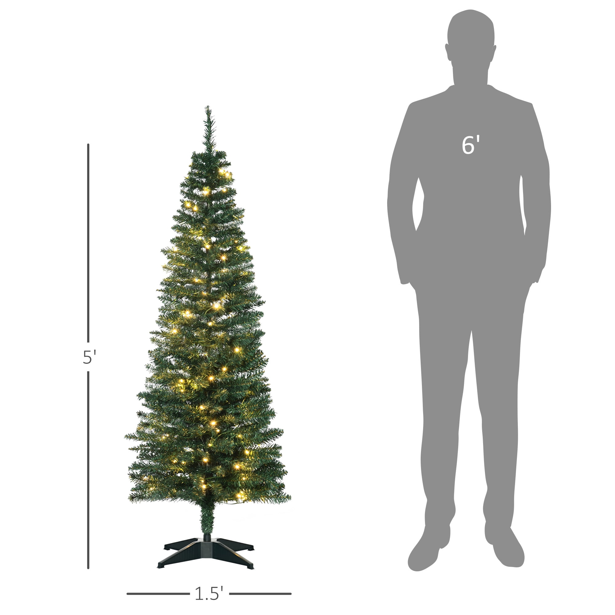 5FT Green Slim Pencil Artificial Christmas Tree, 294-499 PVC Tips with 110-200 Warm White LEDs, Section Design, Flame Retardant, Sturdy Base, Indoor Holiday Decor