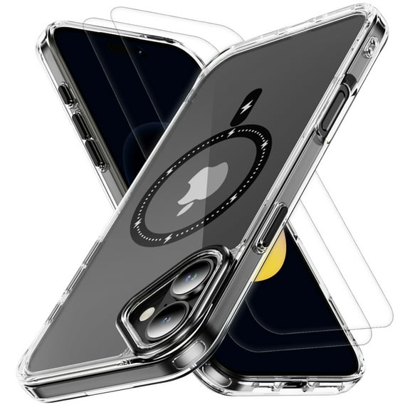 Hotpom Magnetic Phone Case for iPhone 16 with 2 Pack Screen Protector Compatible with Magsafe, Anti-Fingerprint and Durable Non-Yellowing Translucent Slim Shockproof Phone Cover, Black