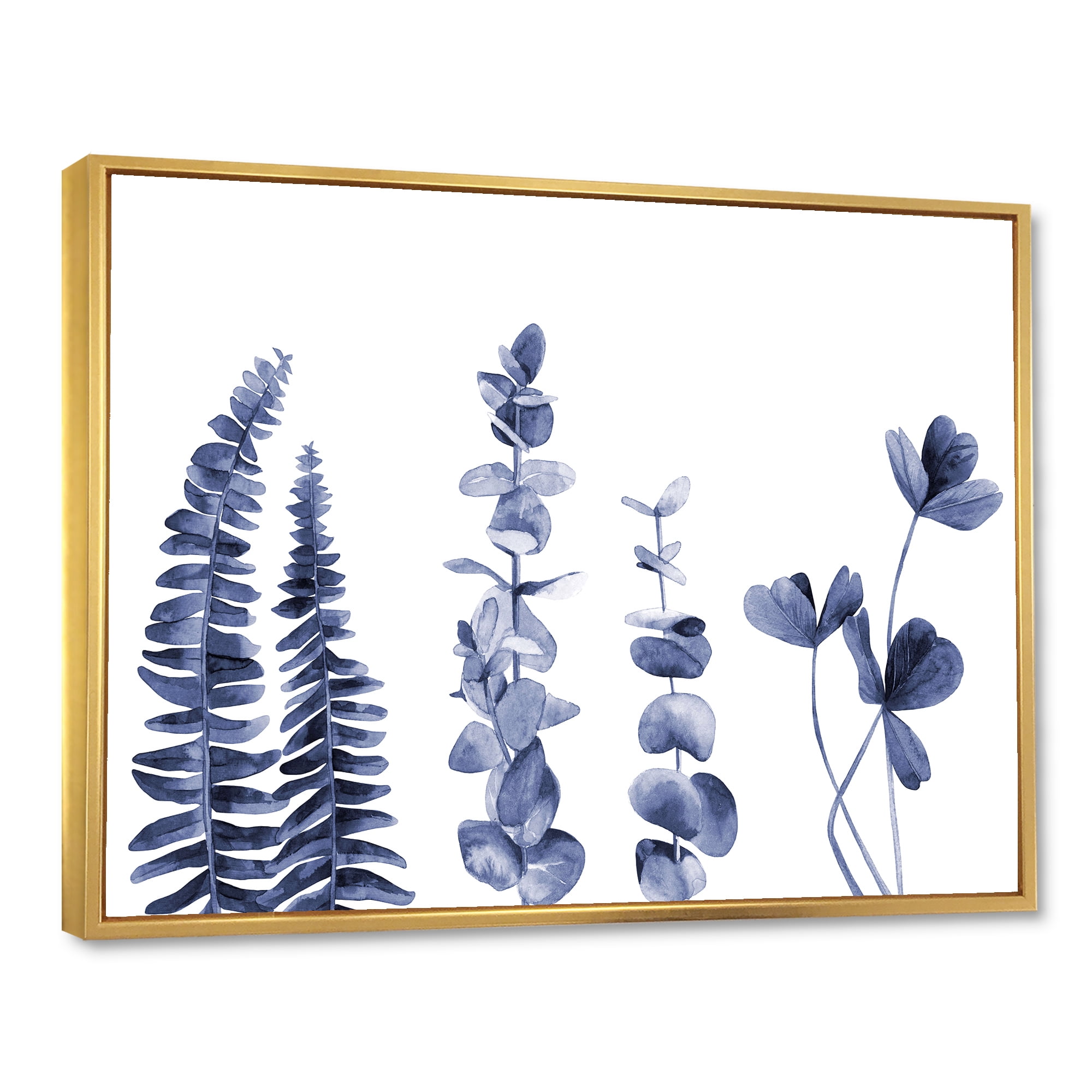 Designart 'Navy Blue Eucalyptus On White I' Traditional Framed Canvas Wall Art Print