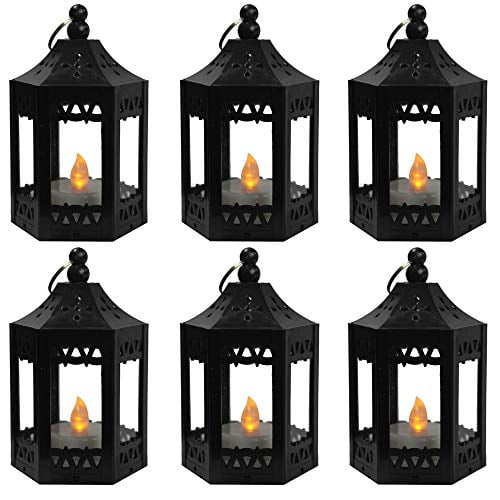 Black 6 Vela Lanterns Mini Candle Lantern with Flickering LED Tea Light Candle 
