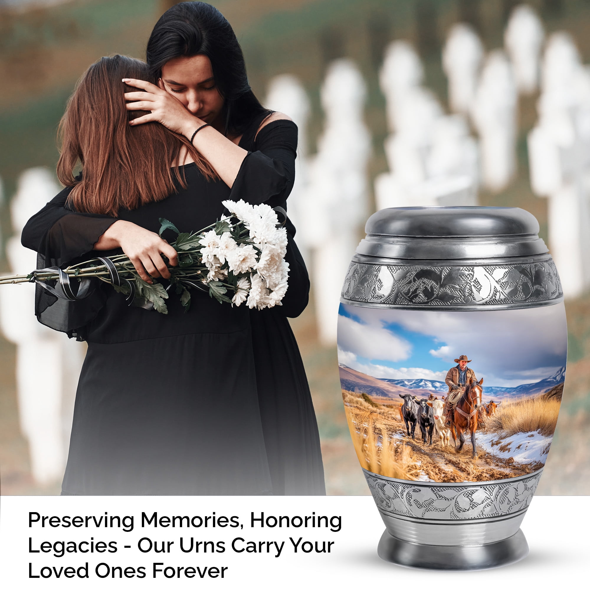 SABURIAL Cowboys Memorial Cremation Urns - Burial Urn for Ashes Adult Male - Large Funeral Urn for Ashes Adult Female - Decorative Urns for Women & Men - 10 Inch