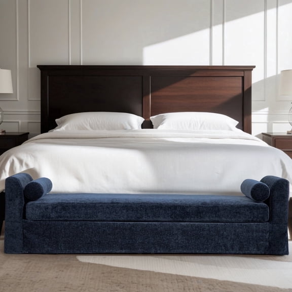 MDQMD 90" Oversized End of Bed Bench with Armrest Navy ,Extra Long Indoor Bench with 2 Pillows,Chenille Chaise Lounge,Extra Large Upholstered Benches for Bedroom,Window,Entryway,Living Room