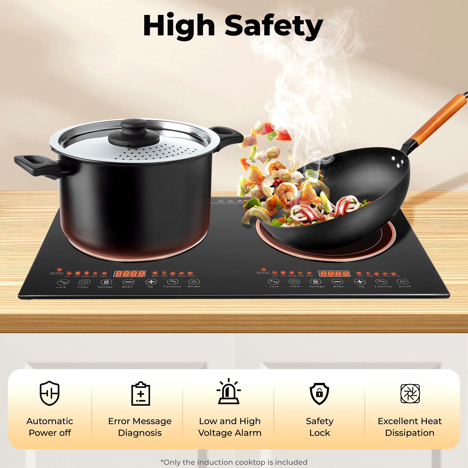 Double Burner 2400W Induction Cooktop with Touch Controls, Black Crystal Panel, 8 Power Levels, Non-Slip Pads, 110V, Easy to Clean & Fast Heat Dissipation