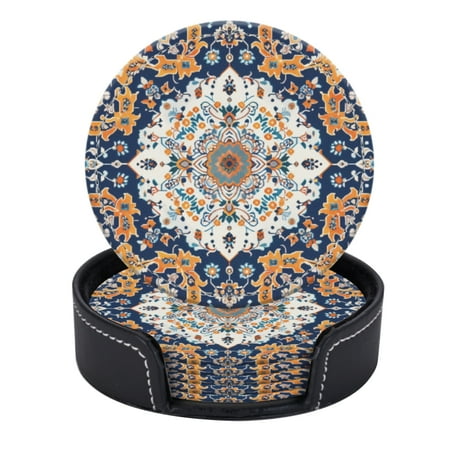 

PU Leather Coasters for Drinks Bar Beer Set of 6 with Holder Round Housewarming Gift Pattern With Symmetrical Design In Blue