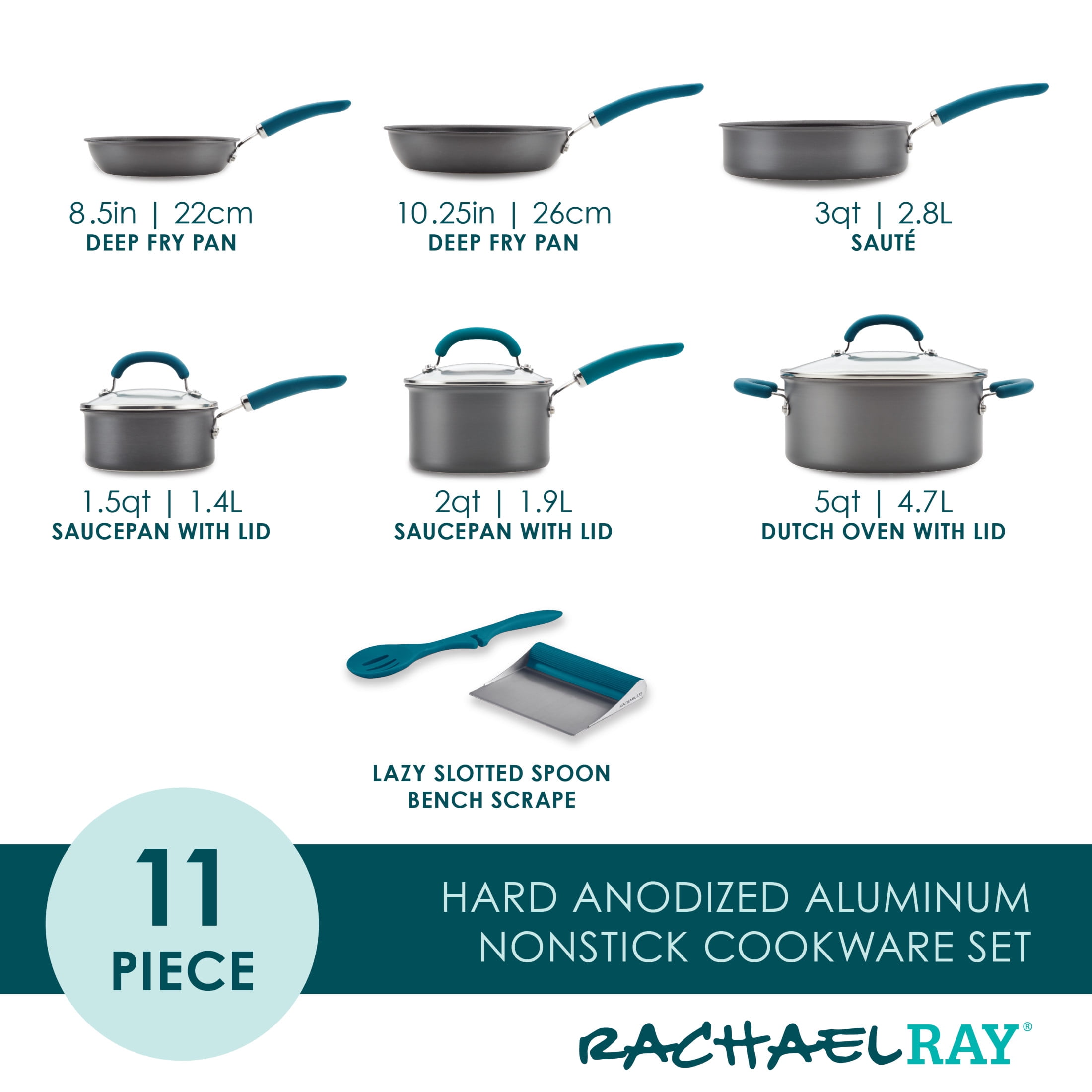 Rachael Ray 11 Piece Create Delicious Nonstick Pots and Pans Set, Teal Handles