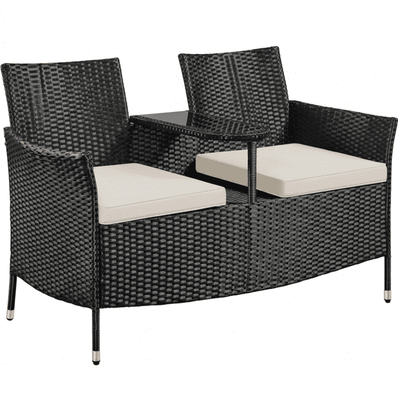 Patio Loveseat, Outdoor Wicker Double Chair with Side Table, PE Rattan Furniture Set for Two People for Garden Poolside Lawn, Removable Cushions and Tempered Glass Table, Black