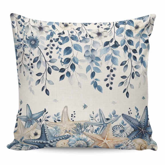 Blue Coastal Starfish Pillow Covers 24x24 Inch Decorative Throw Pillow Cover, Beach Nautical Shell Eucalyptus Rustic Sofa Pillowcases Accent Cushion Case Home Decor Bedroom Living Room