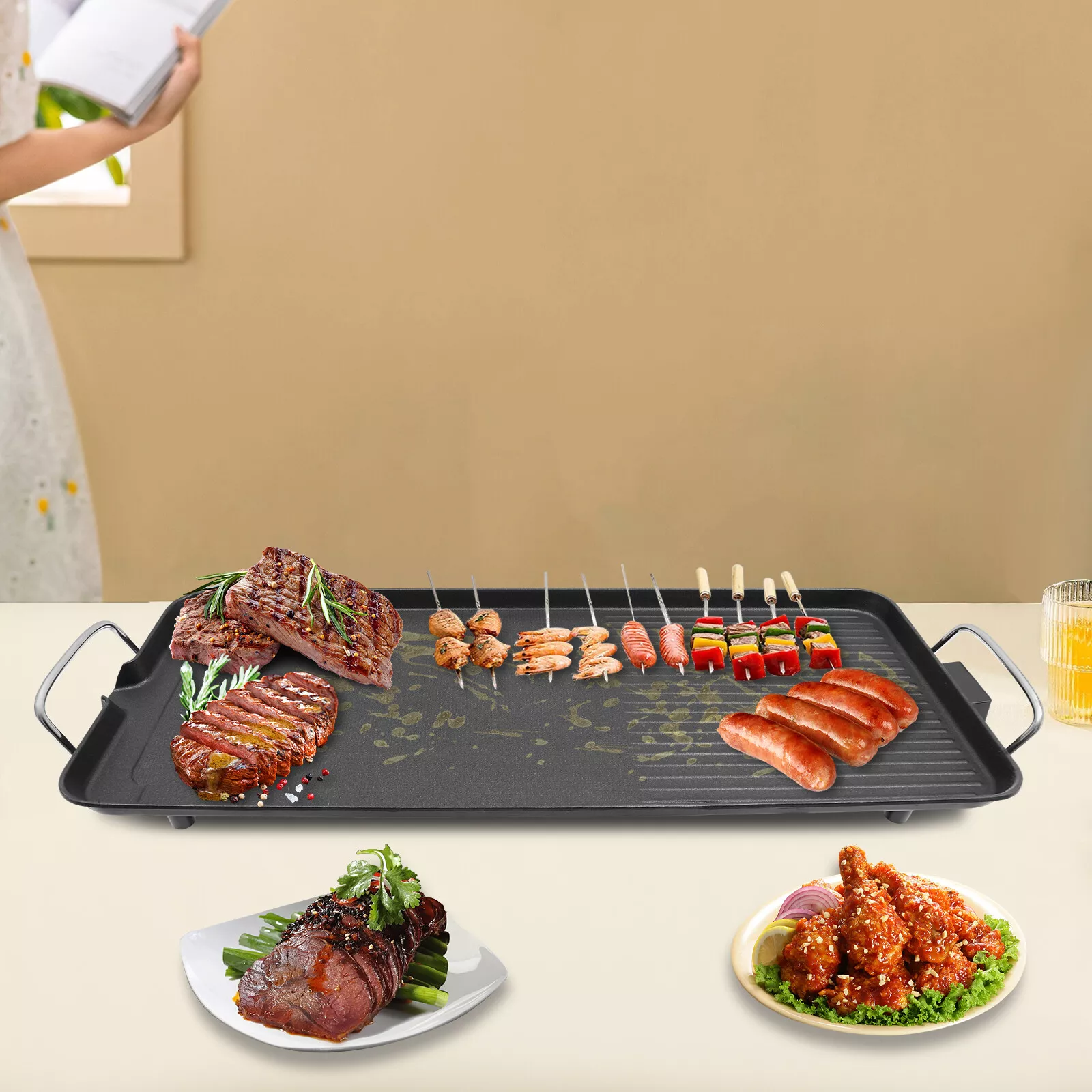 Healthy Grill with Oil-Draining Spout & Adjustable Bracket – 2 Anti-Scald Handles, 4 Non-Slip Feet, 110V US Plug – for Picnics, Camping & Parties