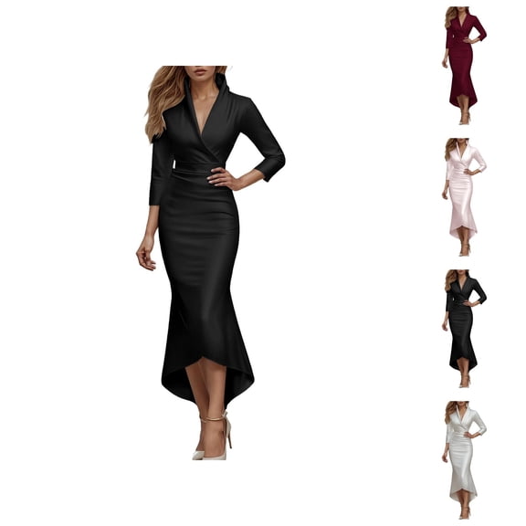 Formal Dresses for Women Satin Long Sleeve V Neck Stand Collar Slim Fit Maxi Bodycon Dress Wedding Guest Dress