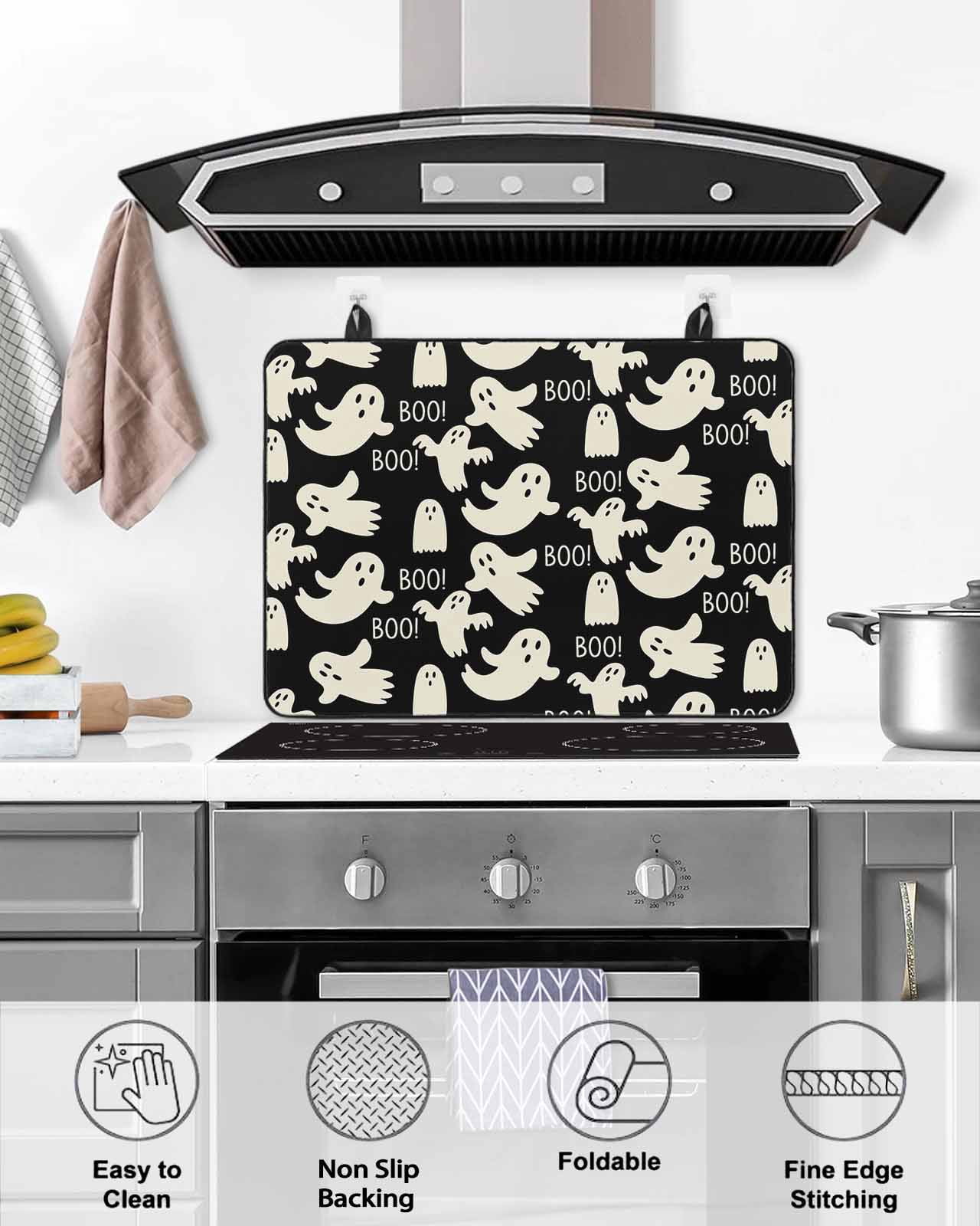 Large Induction Cooktop Protector Mat Halloween Stove Top Covers for Electric Stove, White Scary Ghosts Horror Vintage Black Decorative Stove Burner Cover Mats, Glass Top Stove Cover