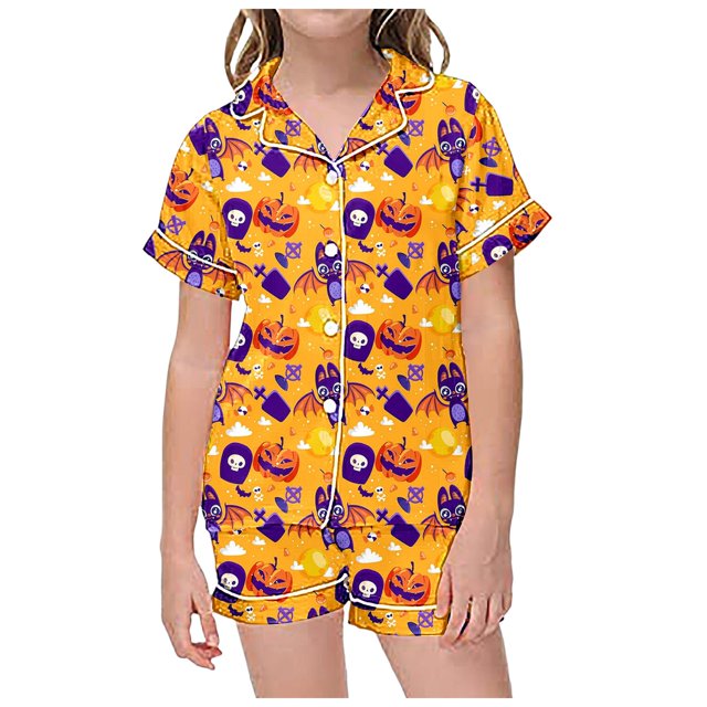 GDREDA Shorts de Pyjama pour Filles Ensembles 2 Pcs Pyjamas pour Enfants Enfants Imprimé Graphique Chemise à Boutons à Manches Courtes Shorts Ensemble de Pyjama Or, 2-3 Ans