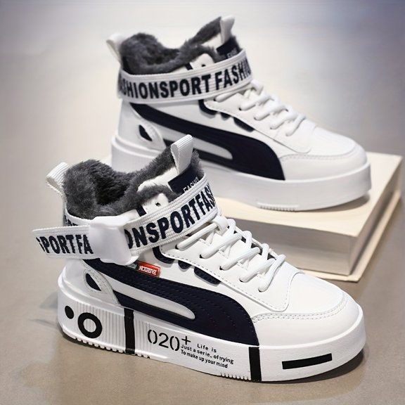 Men'S High-Top Faux Sneakers - Solid Color Lace-Up Casual Sports Shoes with Warm Fleece Lining, Non-Slip Rubber Sole for Autumn and Winter