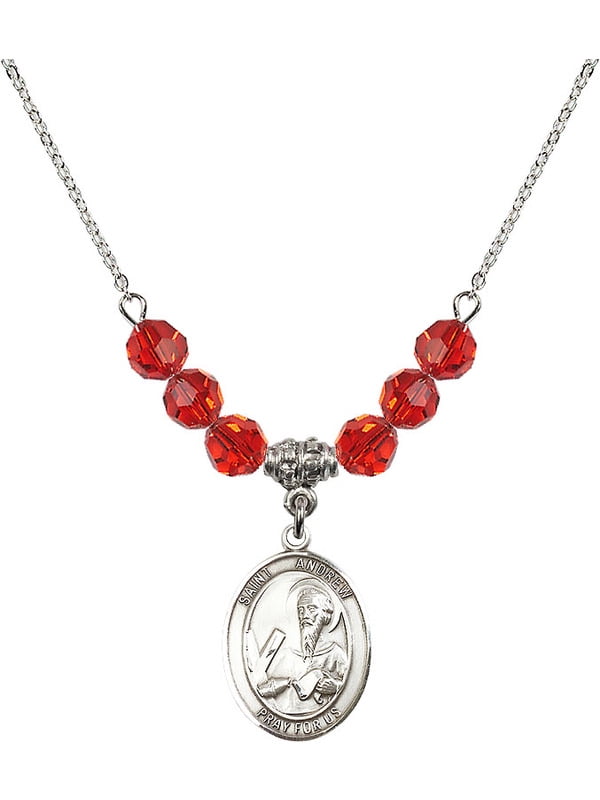 18-Inch Rhodium Plated Necklace with 6mm Ruby Birthstone Beads and Sterling Silver Saint Andrew the Apostle Charm.