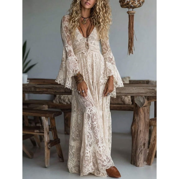 Ivory White Womens Deep V Neck Bell Long Sleeve Empire Waist Flowy Long
