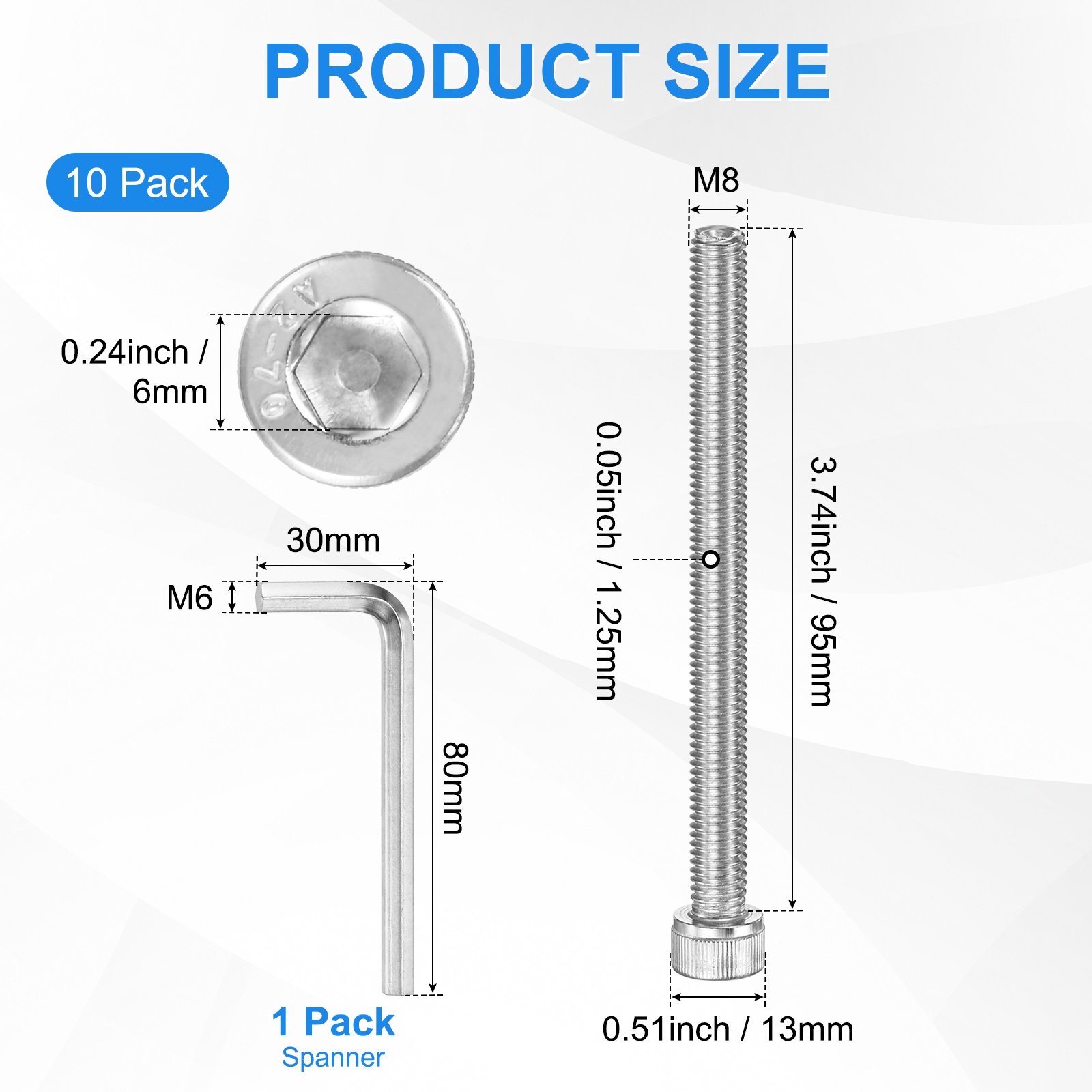 Uxcell 10-Pack M8 x 95mm Hex Socket Head Cap Screws Bolts, 304 Stainless Steel Machine Bolt Full Thread Precision Fasteners