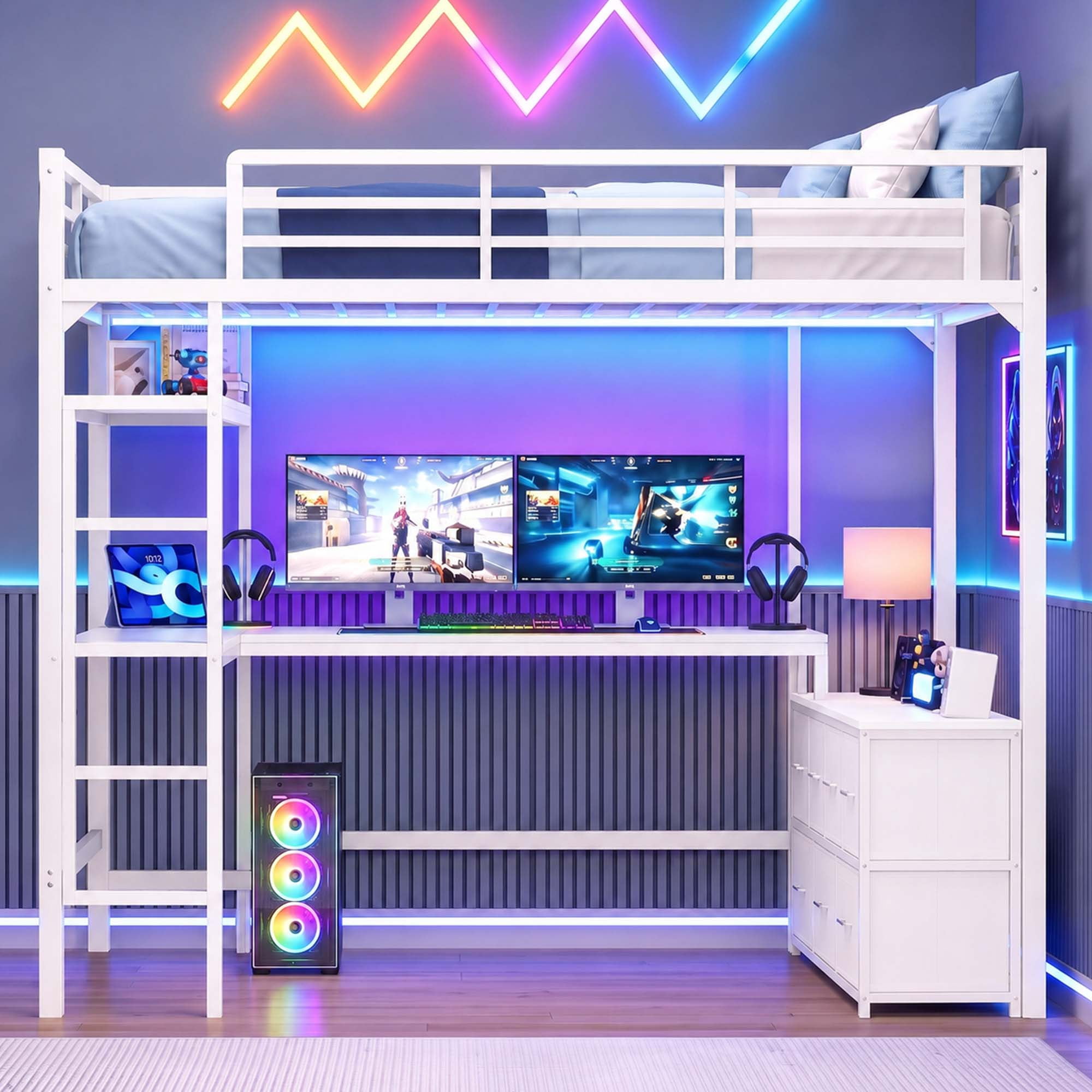 Miniyam Full Size Metal Loft Bed with Desk, 7 Drawers, LED & Charging Station, White