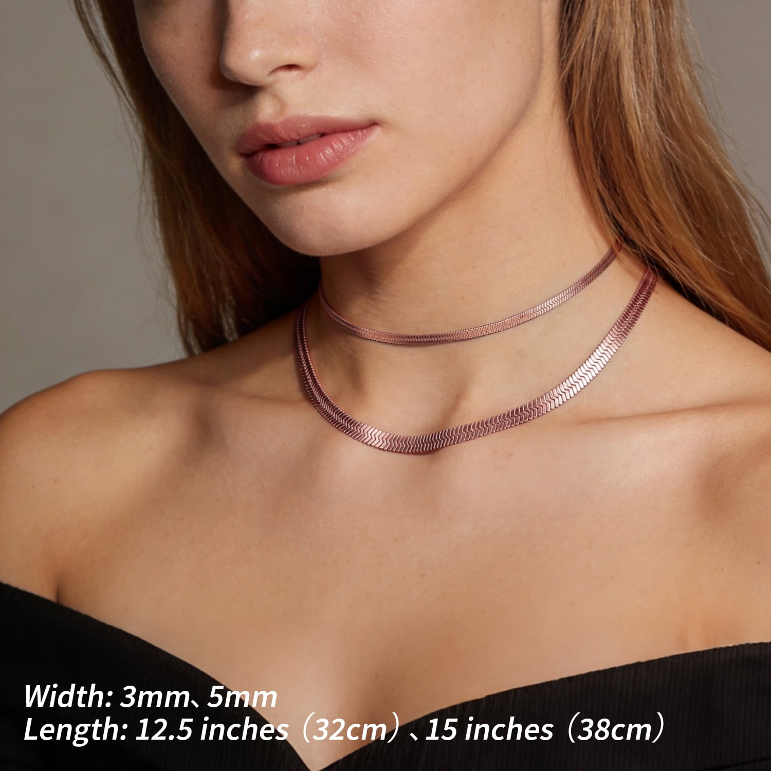 FindChic 2pcs Rose Gold Plated Necklaces for Women Layered Herringbone Choker Snake Chain Birthday Mothers Day Jewelry Gifts Her Mom Wife Lady Female Adults Age Ideas, 3mm & 5mm
