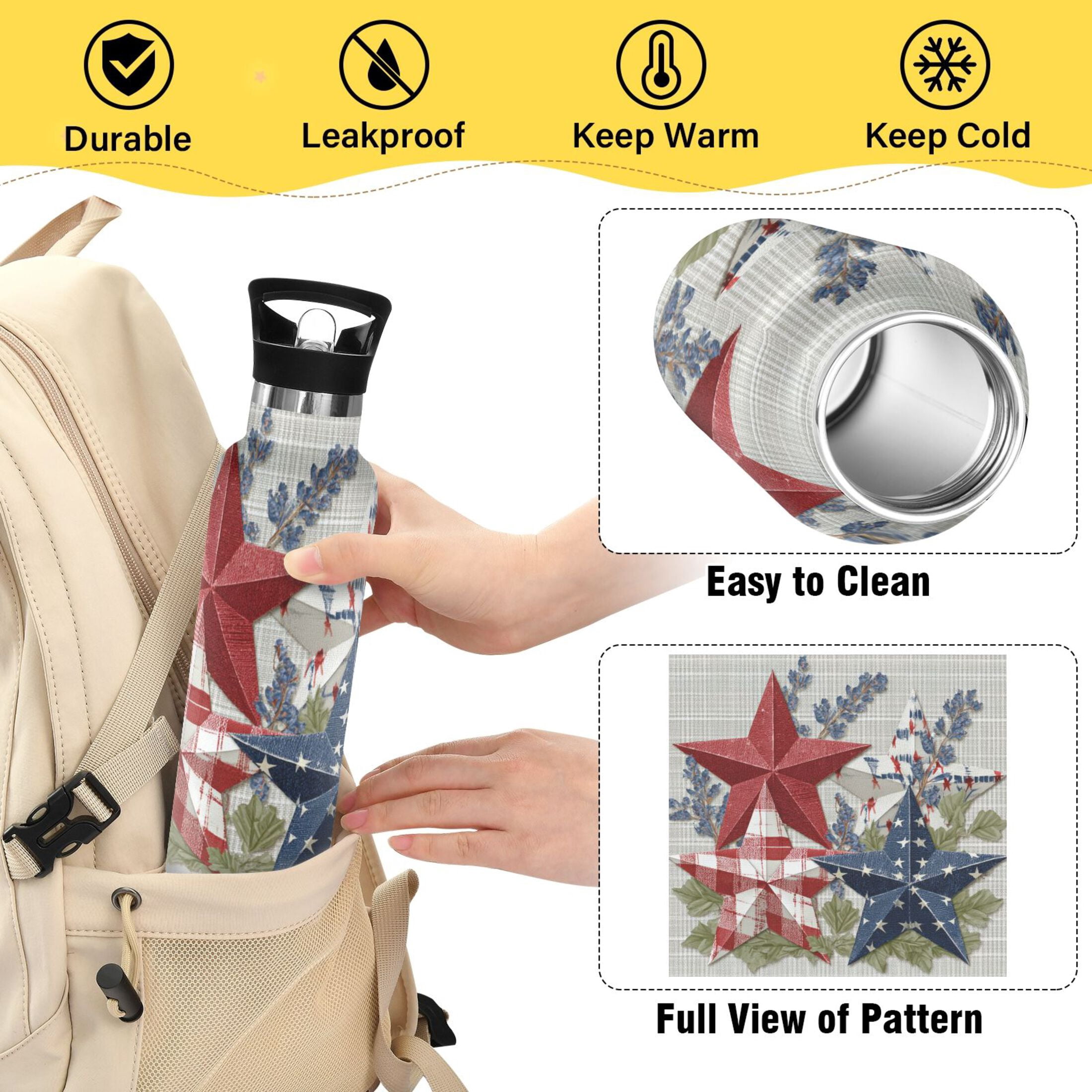 Kids Insulated Stainless Steel Sports Water Bottle 600ml (20oz) Red White and Blue Stars