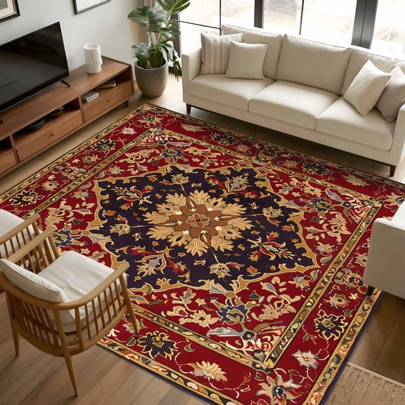 8x10 Area Rugs Red Boho Non-Skid Rubber Backing Large Rectangle Rugs - Living Room Bedroom Home Office, Contemporary Abstract Ethnic Vintage Geometric Indoor Floor Mat Carpets Washable Rug