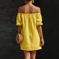 thumbnail image 4 of Hduncf Women's Off Shoulder A-Line Dress Plain Frilled Ruffled Hem Shirred Three Quarter Length Sleeve Mini Dress Yellow XL, 4 of 5