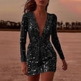 thumbnail image 1 of Nuevo vestido de noche elegante y corto con lentejuelas, escote en V profundo y transparencias para mujer., 1 of 4