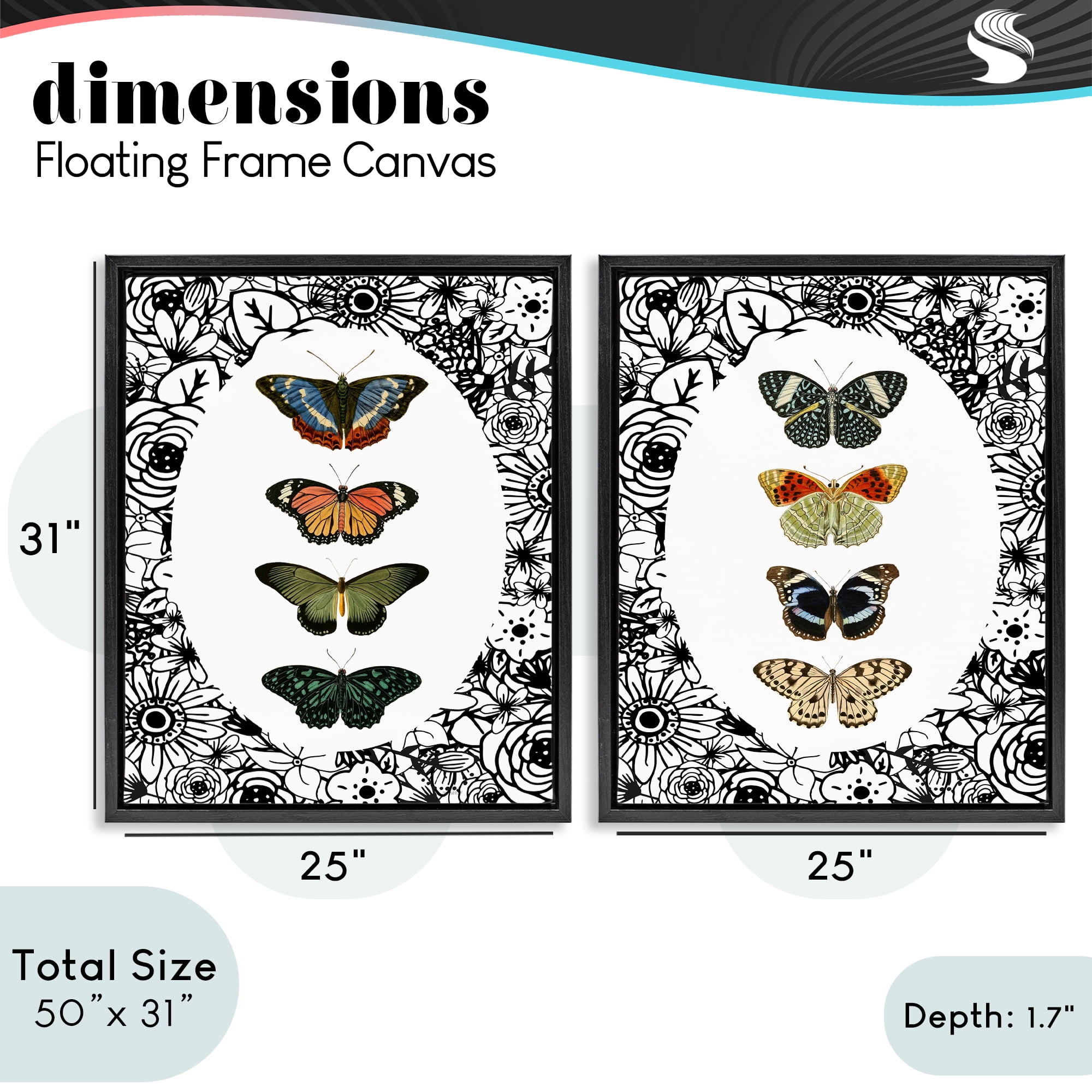 Stupell Industries Floral Butterflies Lineup 2 Piece Black Framed Floater Canvas Set, design by Dan Meneely