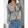 thumbnail image 2 of Women's Striped Button Down Crop Shirt Long Sleeve Fitted Blouse Work Shirt Top Grey XXL, 2 of 8