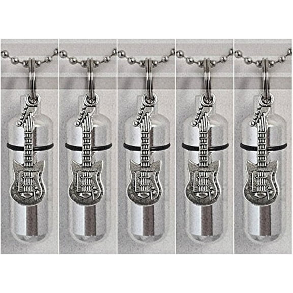 Family Set of FIVE - Silver ELECTRIC GUITAR CREMATION URN Keepsakes with ENGRAVED MUSIC NOTES - Includes 5 Velvet Pouches, 5 Ball-Chains and & Fill Kit