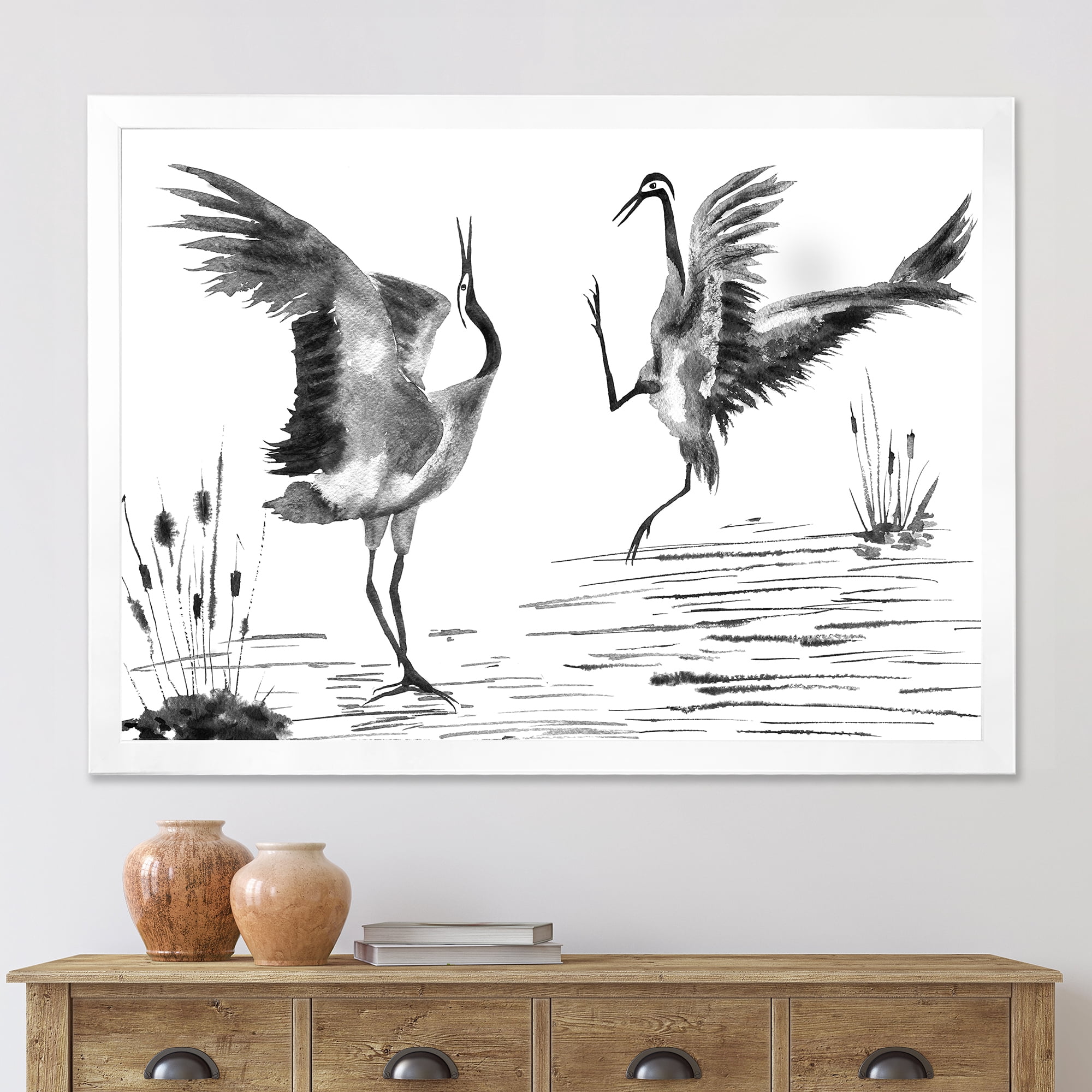 Designart 'Monochrome Two Enamored Japanese Cranes Birds' Traditional Framed Art Print