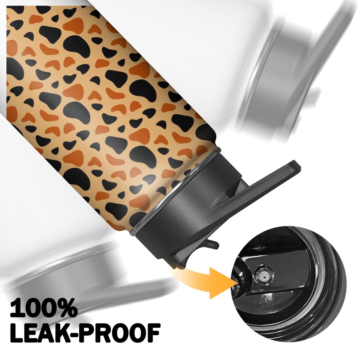 Leopard Print Insulated Stainless Steel Water Bottle with Straw & Cleaning Brush – 18 Oz | Leakproof, BPA-Free, 304 Stainless Steel, Wide Mouth, Travel Mug for Car, Gym, Office