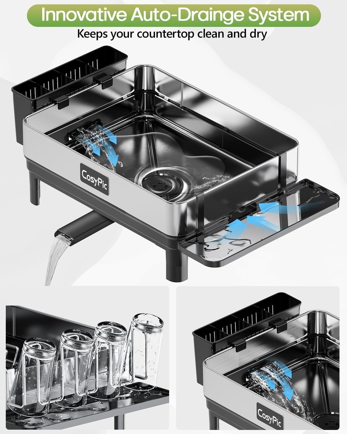 Premium 304 Stainless Steel Dish Drying Rack with Automatic Drainage and Utensil Holder for Kitchen Counter, Black
