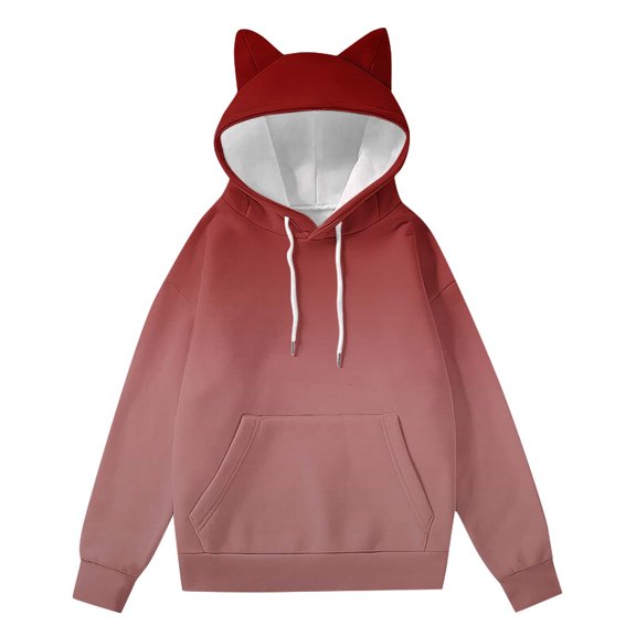 VEKDONE Womens Cat Ear Hoodies Trendy Gradient Tunic Sweatshirt Cute Drawstring Sweatshirts Fall Long Sleeve Loose Fit Hooded Pullover with Pocket Watermelon Red M