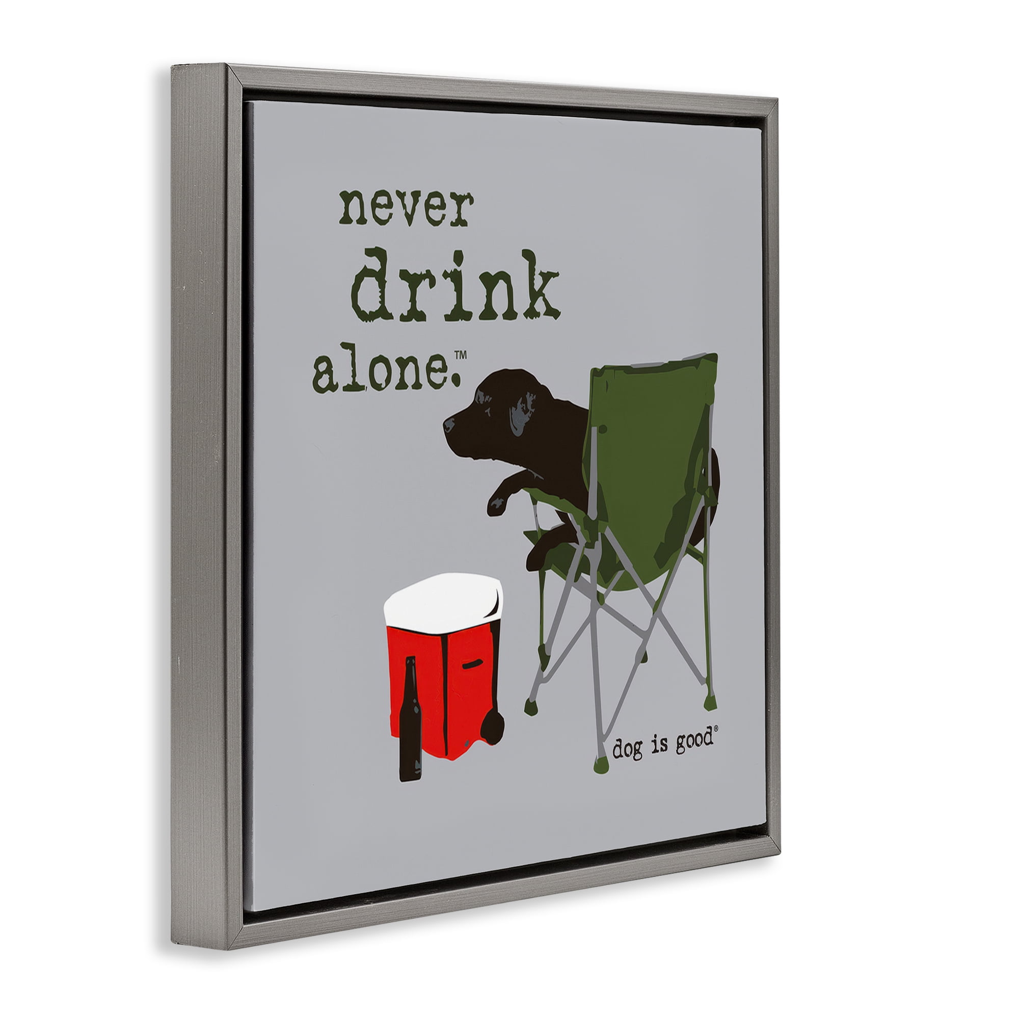 Stupell Industries Never Drink Alone Dog Animals Painting Gray Floater Framed Canvas Art Print Wall Art, 18 x 18