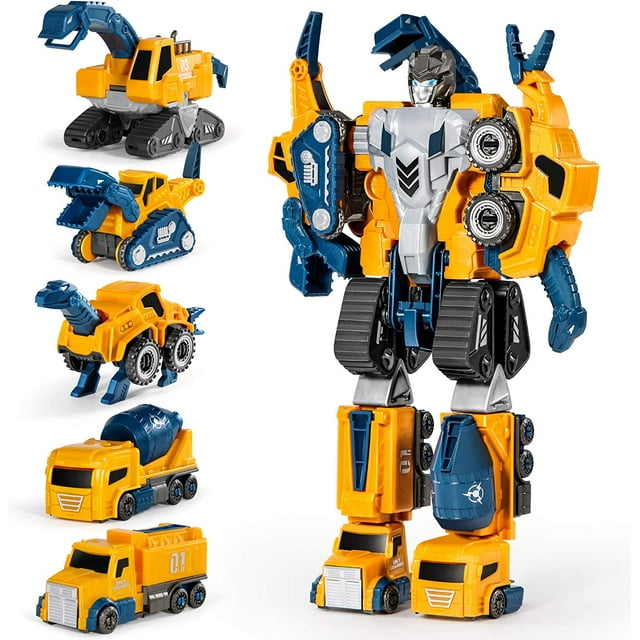 Set de juguetes robóticos: 5 vehículos de construcción transformables para niños. Juguetes magnéticos STEM para niños de 4 a 6 años. Montaje educativo DIY.