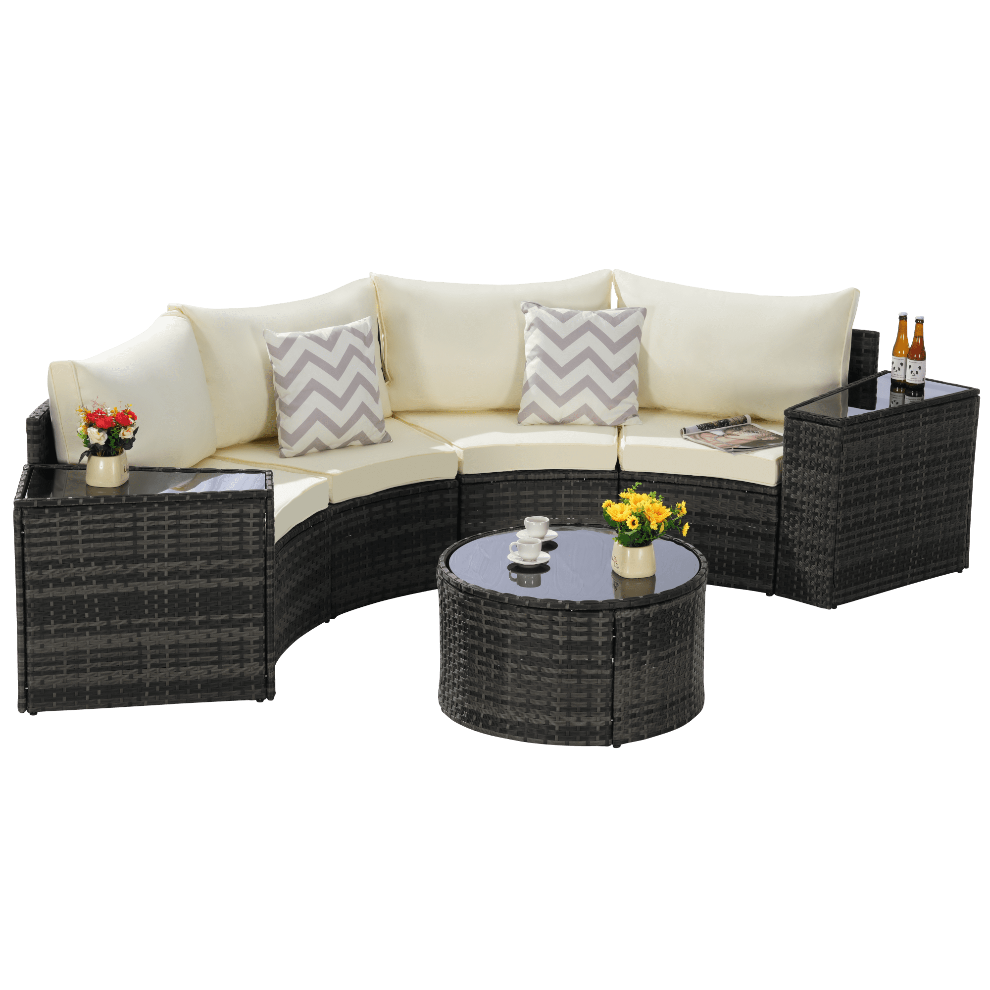 7-Piece Outdoor Patio Furniture Half-Moon Sectional Round Patio Furniture Set Sofa with Tempered Glass Round Coffee Table (Beige)