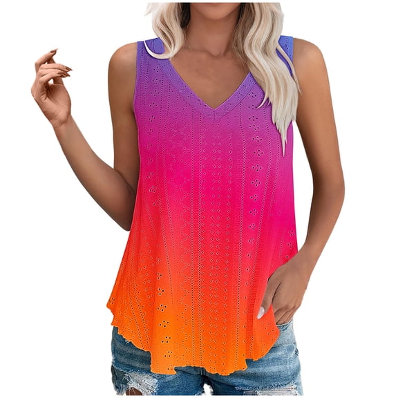 Tank Tops for Women Sleeveless Tops Casual Printed V Neck Eyelet Embroidery Tops Gradient Color Summer Loose Flowy Tanks Shirts