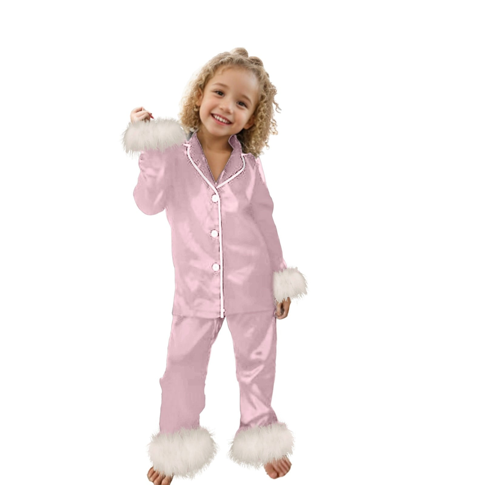 newwalpole Kids Toddler Girl Satin Pajamas Fuzzy Trim Long Sleeve Button Down Shirt Top and Pants 2pcs Pjs Sets Sleepwear Pink for Size 5-6 Years