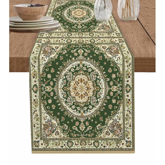 Green Boho Table Runner 48 Inches, Chic Traditional Antique Geometric Tribal Bed Runner Dresser Scarves Tabletop for Indoor Outdoor Parties/Ceremony/Banquet, 13" x 48"