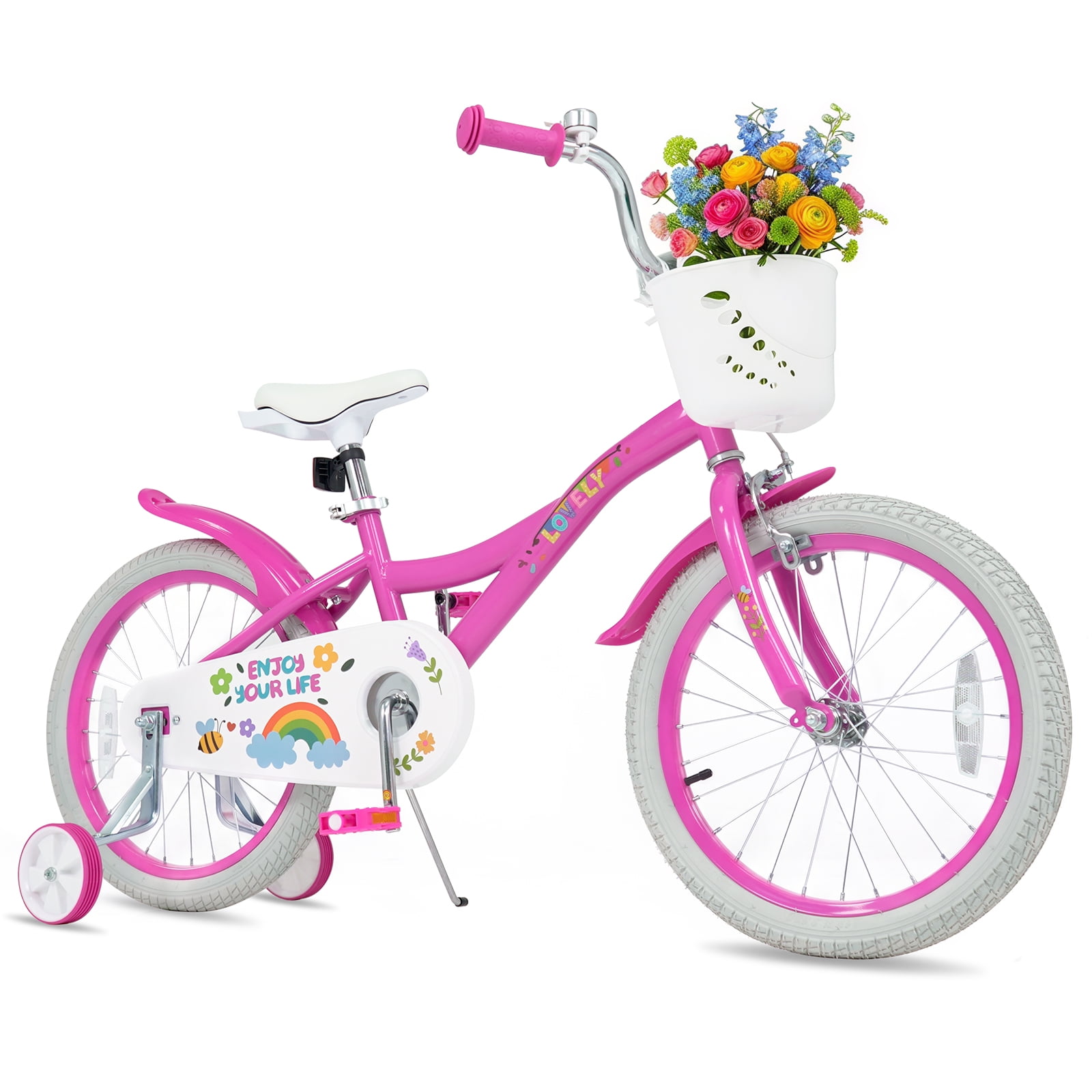 Costway 18 Inches Girls Bike for 3-8 Years Old with Removable Training Wheels, Front Basket Pink