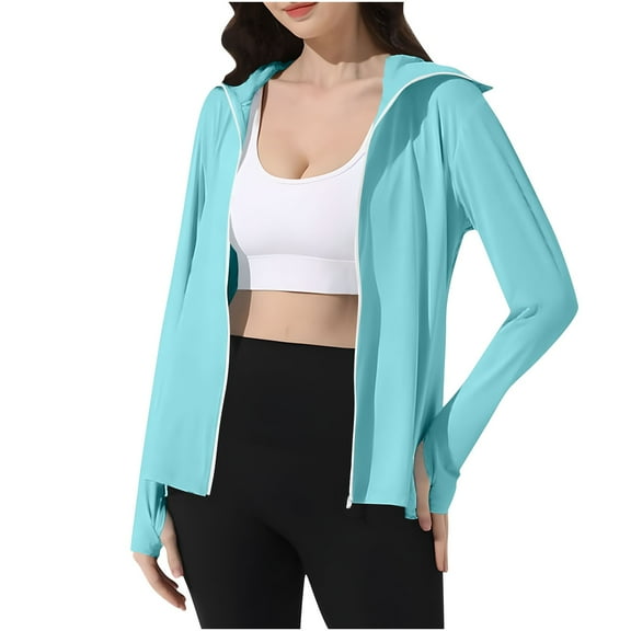Women Sun Protection Hooded Jacket with Face Mask Long Sleeve Cooling Hoodies Icy Silk Full Zipper Fishing Shirts M